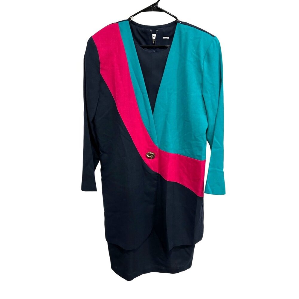 Vintage Ultra Dress Colorblock Long Sleeve 2 Piece Dress Gold Button Navy Sz 16